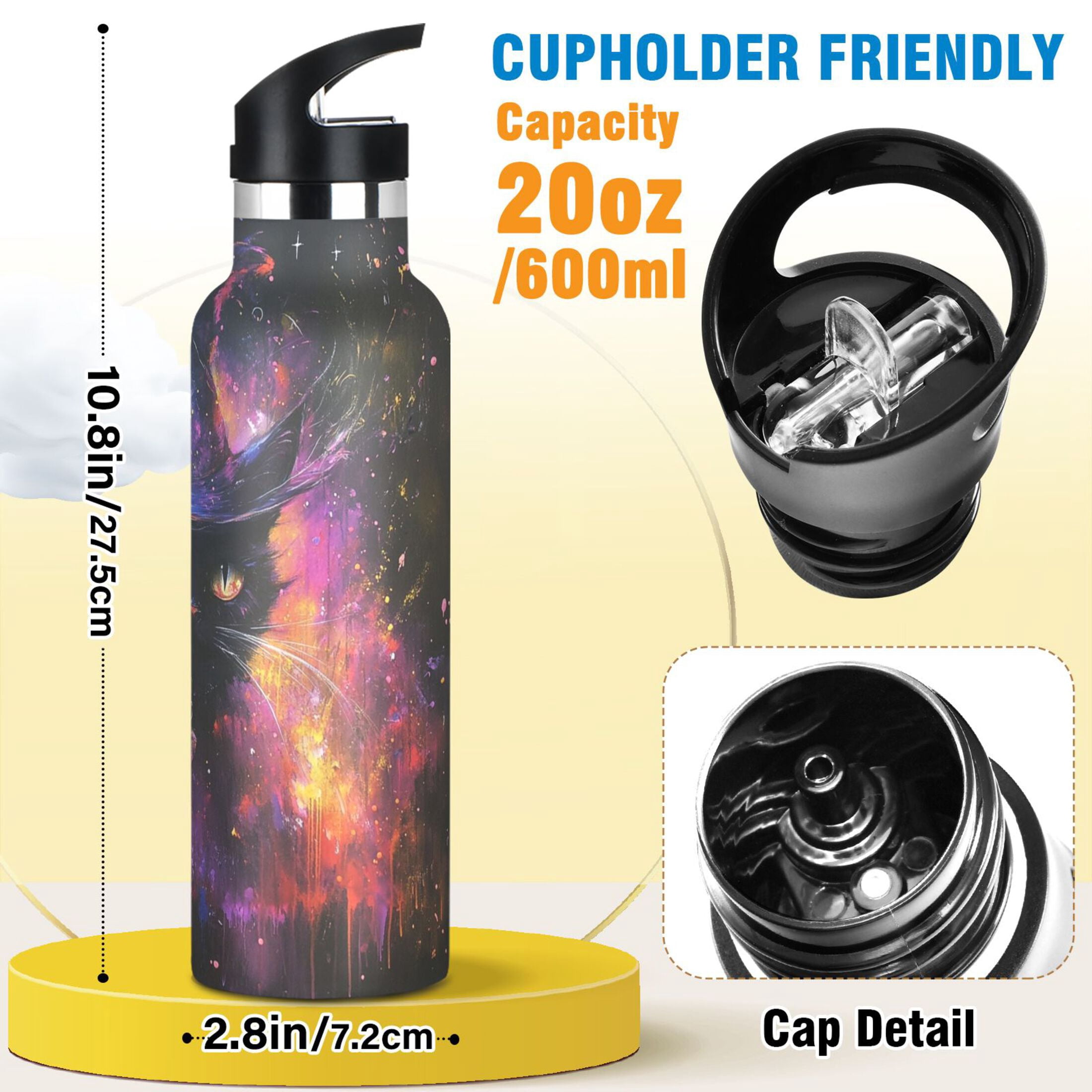 600ML Stainless Steel Insulated Cup Sports Water Bottle Portable Thermos Cup Water Glasses Insulated Tumblers Convenient and Durable Magical and Cute Cat