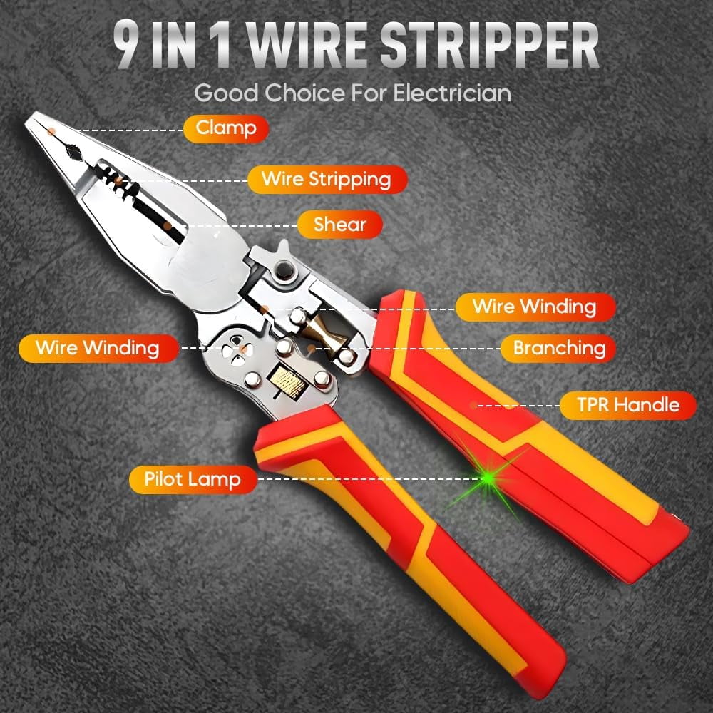 ABCISI 9 in 1 Hand Tool Multifunctional Wire Stripper, Multi-Purpose Professional Wire Stripping Tool, 8.3-inch Multipurpose Wire Stripper, Electrical Pliers Wire Stripping Pliers Tools (1PCS)
