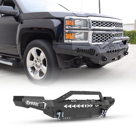 Modular 3 IN 1 Design Steel Front Bumper + Side Wing + Bull Bar Fit for 2014-2015 Chevy Silverado 1500 w/2*Shackles & 2*4 LED Pod Lights