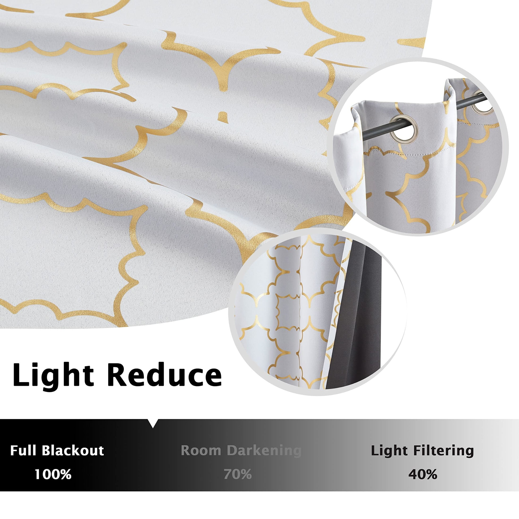 Junvictex White-Gold Blackout Window Curtain for Bedroom Moroccan Foil Metallic Print,52"Wx63"L,2 Pcs