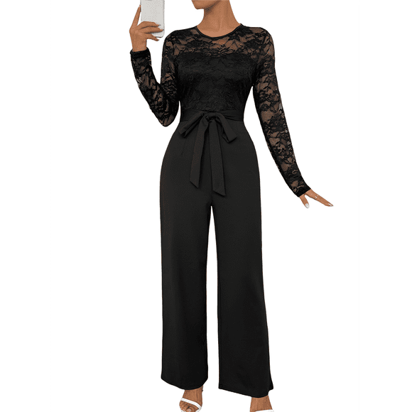 Women's Lace Patchwork Round Neck Long Sleeve Formal Jumpsuit Solid Color Casual One-Piece Pants Black XL