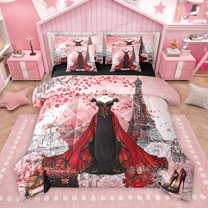 Homewish Black Red Dress Twin Bedding Sets 7-Piece, Romantic Eiffel Tower Bedding Comforter Set, Watercolor Fashion Reversible Sheet Sets, Super Cozy Room Decor