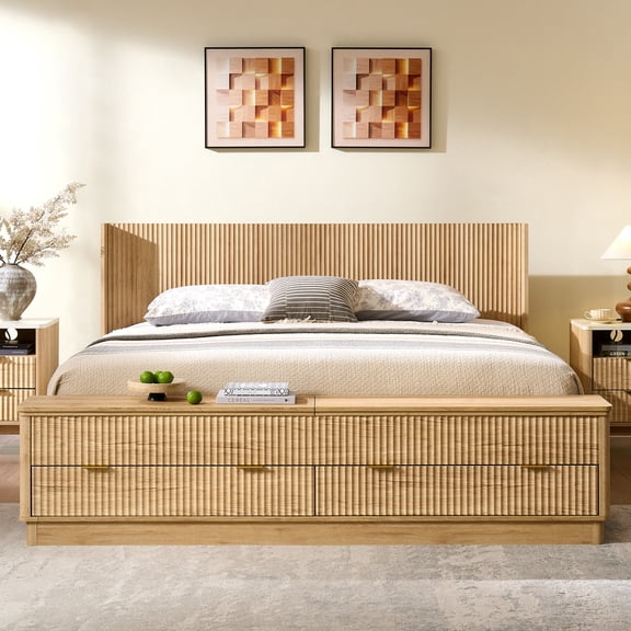 OKD Fluted King Size Bed Frame with Wingback Headboard, Footboard Storage Bench with Built-in Drawers & Lift-Up Compartments, Wood & Steel Platform Bed Frame, No Box Spring Needed, Natural Oak