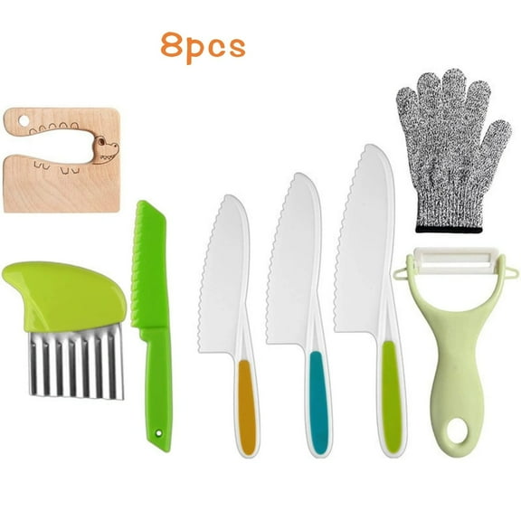 8 PCS Kids Knifes Set for Real Cooking, Kids Knife Set Include Wood Kids Knife,Plastic Kid Safe Knives,Kitchen Tools for Toddlers,Birthday Gifts for Girls & Boys Age 3-8