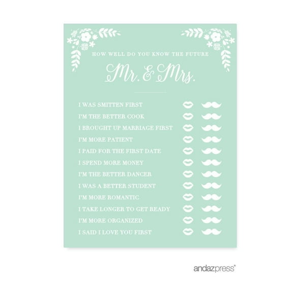 How Well Do You Know The Future Mr./Mrs.?  Floral Mint Green Wedding Bridal Shower Game Cards, 20-Pack