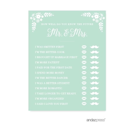 How Well Do You Know The Future Mr./Mrs.? Floral Mint Green Wedding Bridal Shower Game Cards  20-Pack price history on PriceWatchPro