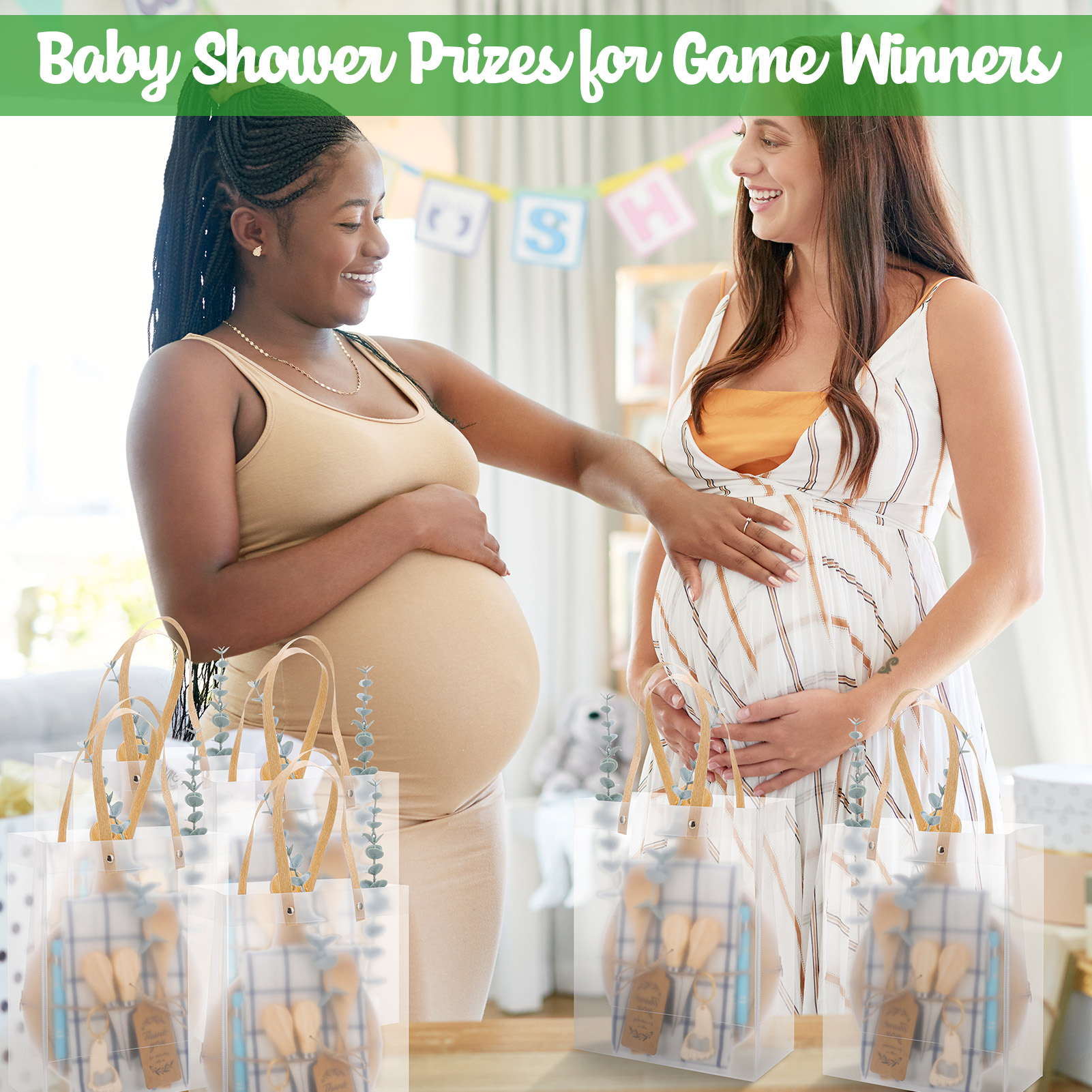 sixwipe 80 PCS Baby Shower Prizes for Game Winners, 6 Set Gift Bags with Cheese Boards,Spoons,Plaid Towels,Eucalyptus Stems,Thank You Cards,Perfect for Bridal Shower,Wedding