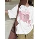thumbnail image 1 of Girls' Summer Casual Loose-Fit Short Sleeve T-Shirt - Soft Stretch Cotton, Geometric Heart Print with Pink Ribbons, Machine Washable Round Neck Top for Teens & Youth, 1 of 6