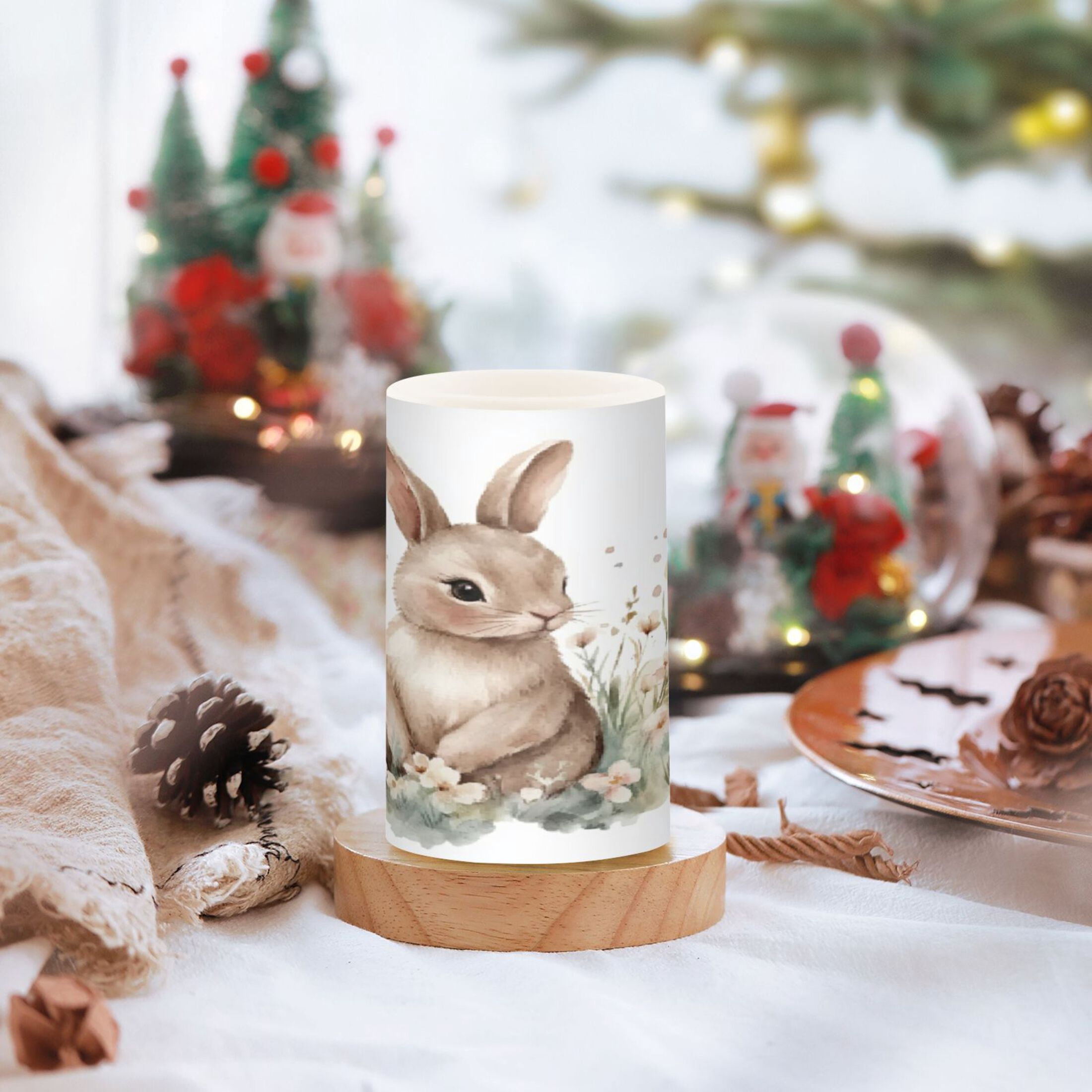2 PCS Flameless Candles with Remote Timer LED Battery Operated Flickering Candle Light for Wedding Table Home Decoration Gifts Watercolor Bunny in Floral