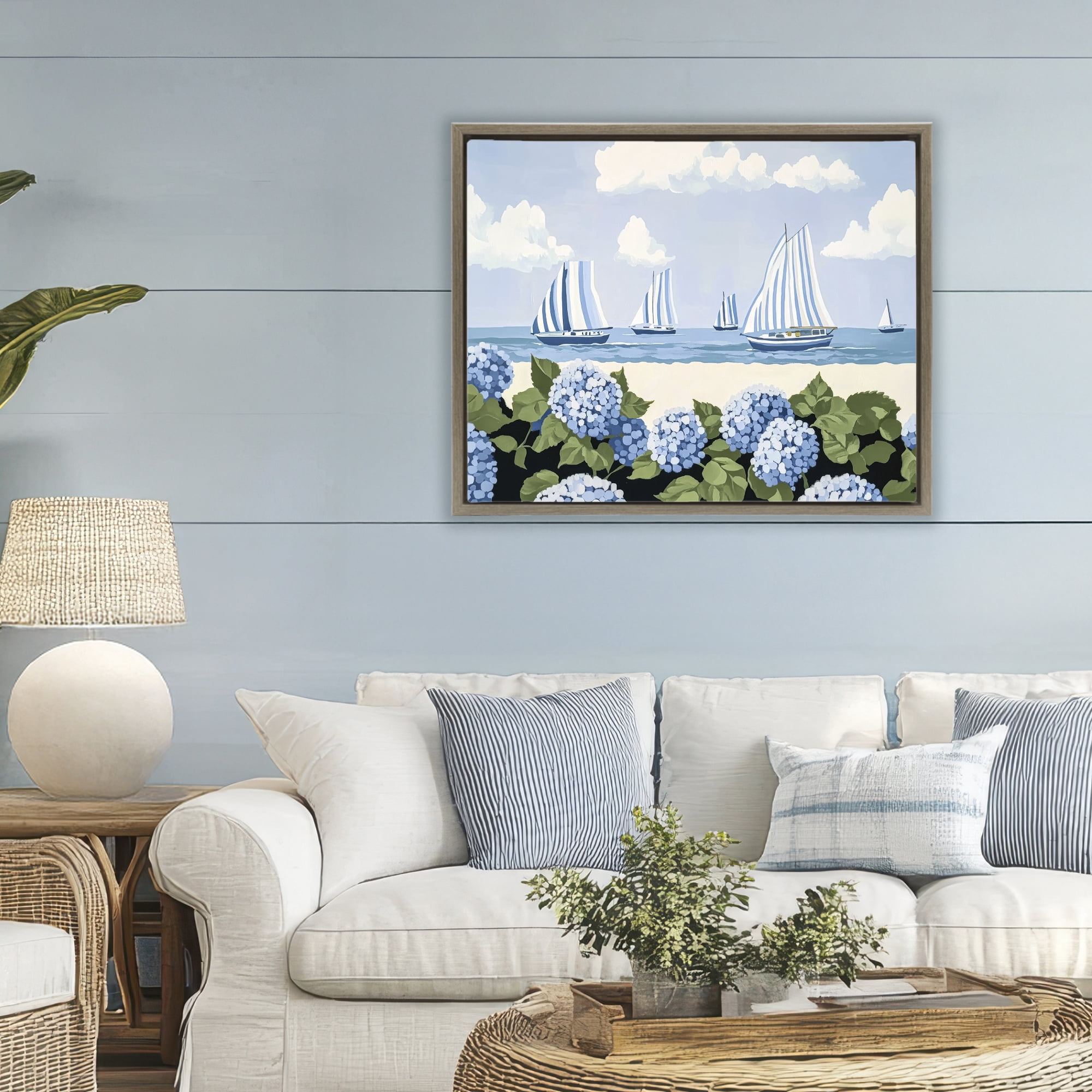 Stupell Industries Striped Sails & Seaside Hydrangeas Brown Framed Floater Canvas Wall Art, design by Sisi and Seb