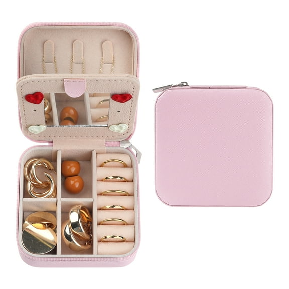 REGALWOVEN Travel Accessory Box with Mirror, Mini Portable PU Leather Accessory Organizer Case Storage for Girls Pink