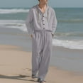 thumbnail image 2 of Paiyanr Cotton Linen Sets for Men Summer Breathable Hooded Shirts Pants 2 Piece Outfits Solid Color Casual Long Sleeve Drawstring Waist Beach Pants Sets, 2 of 9