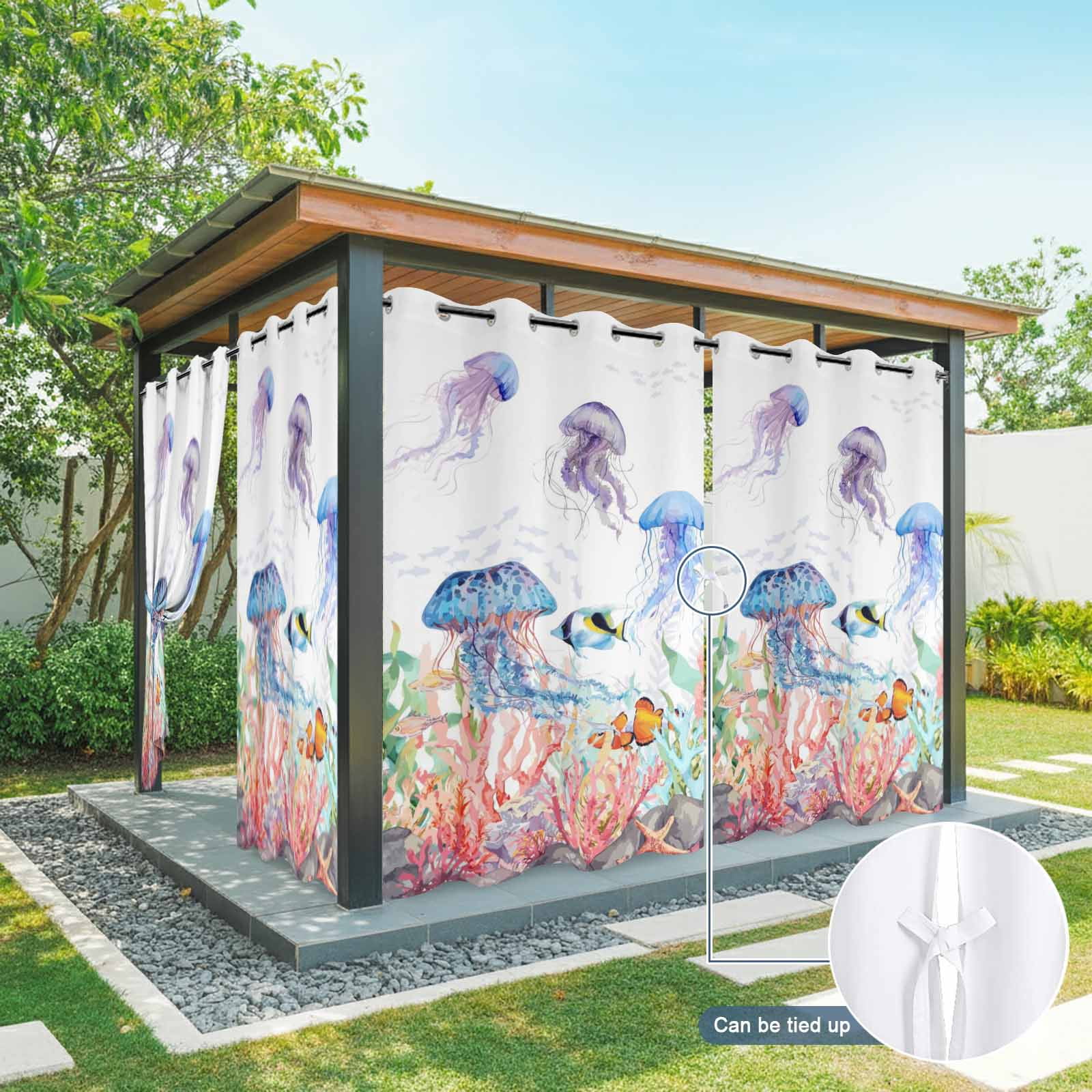 Watercolor Jellyfish Outdoor Curtains for Patio, Summer Ocean Seaweed Coral Coastal Sunshade Privacy Drapes Grommet Waterproof Outside Curtains for Porch/Cabana/Balcony 54"x 108", 1 Panel