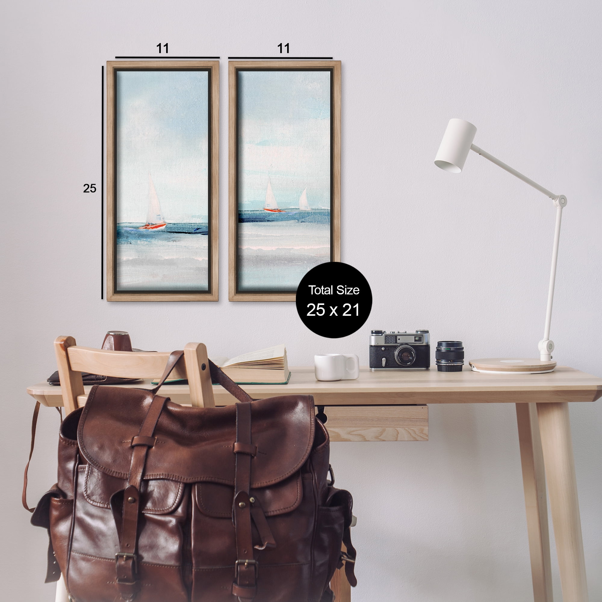 Stupell Industries Sailboats near Shoreline Nautical & Beach Painting Brown Floater Framed Canvas Art Print Wall Art, 11 x 25, Set of 2