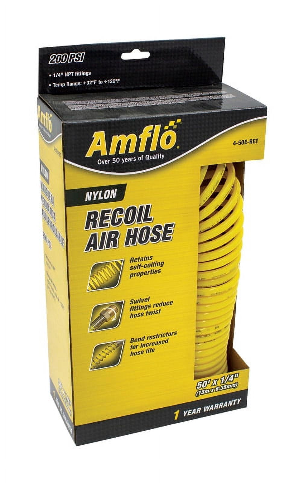 Amflo 450E-RET Air Hose, 1/4 in OD, 50 ft L, MNPT, 200 psi Pressure, Nylon, Yellow