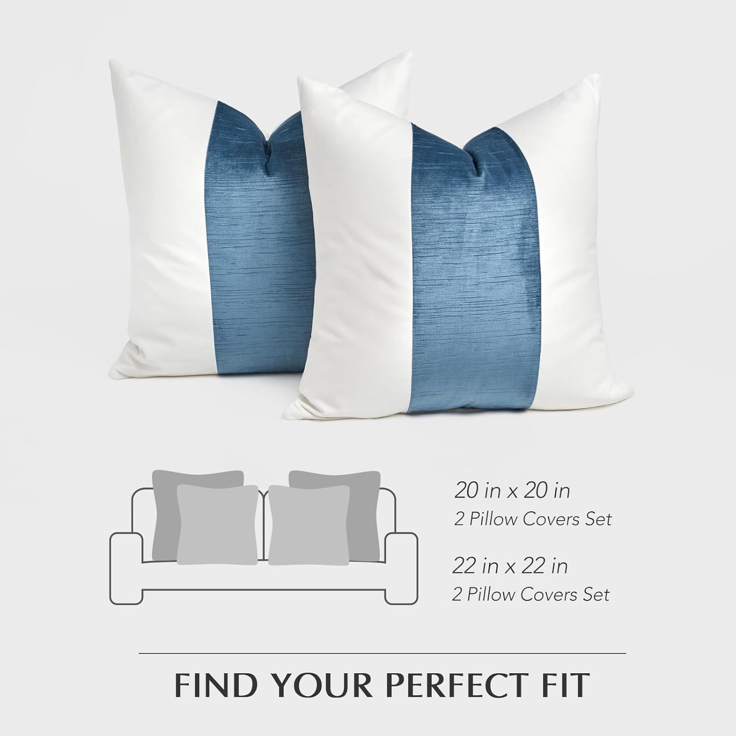 EVERGRACE Walsh Signature Velvet Panel Cotton Pillow Covers Set of 2, Decorative Pillow Covers 22"x22" for Couch, Square Cushion Cases for Sofa Bedroom Living Room, Blue Topaz
