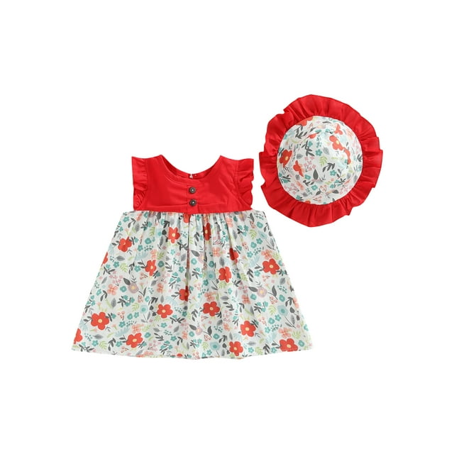 Faithtur Baby Girls Patchwork Dress with Hat, Round Neck Flower Print Contrast Color Summer Loose One-Piece, Buttons A-Line Dress