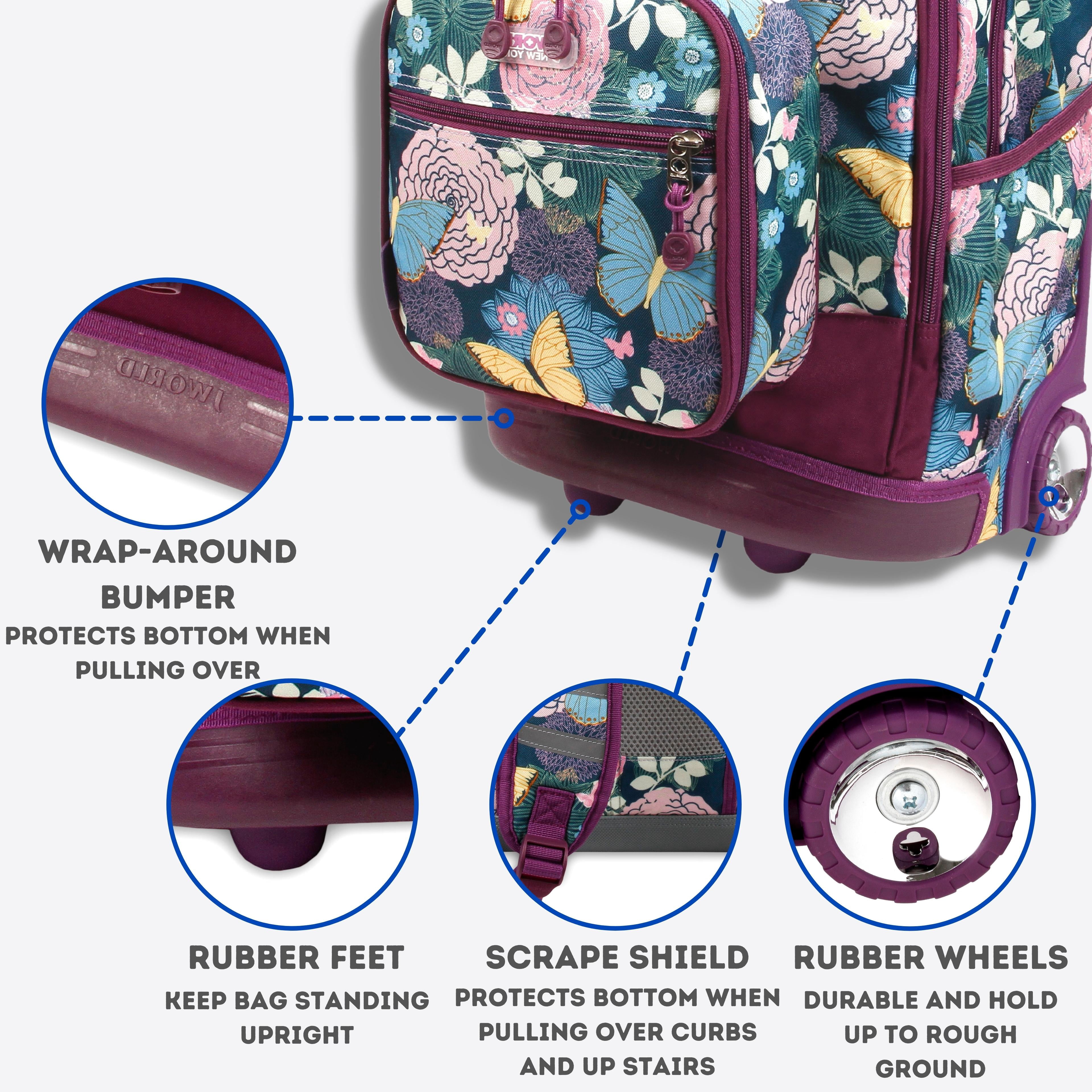 J World Girls Duo 18" Rolling Backpack With Lunch Bag For School And Travel, Secret Garden