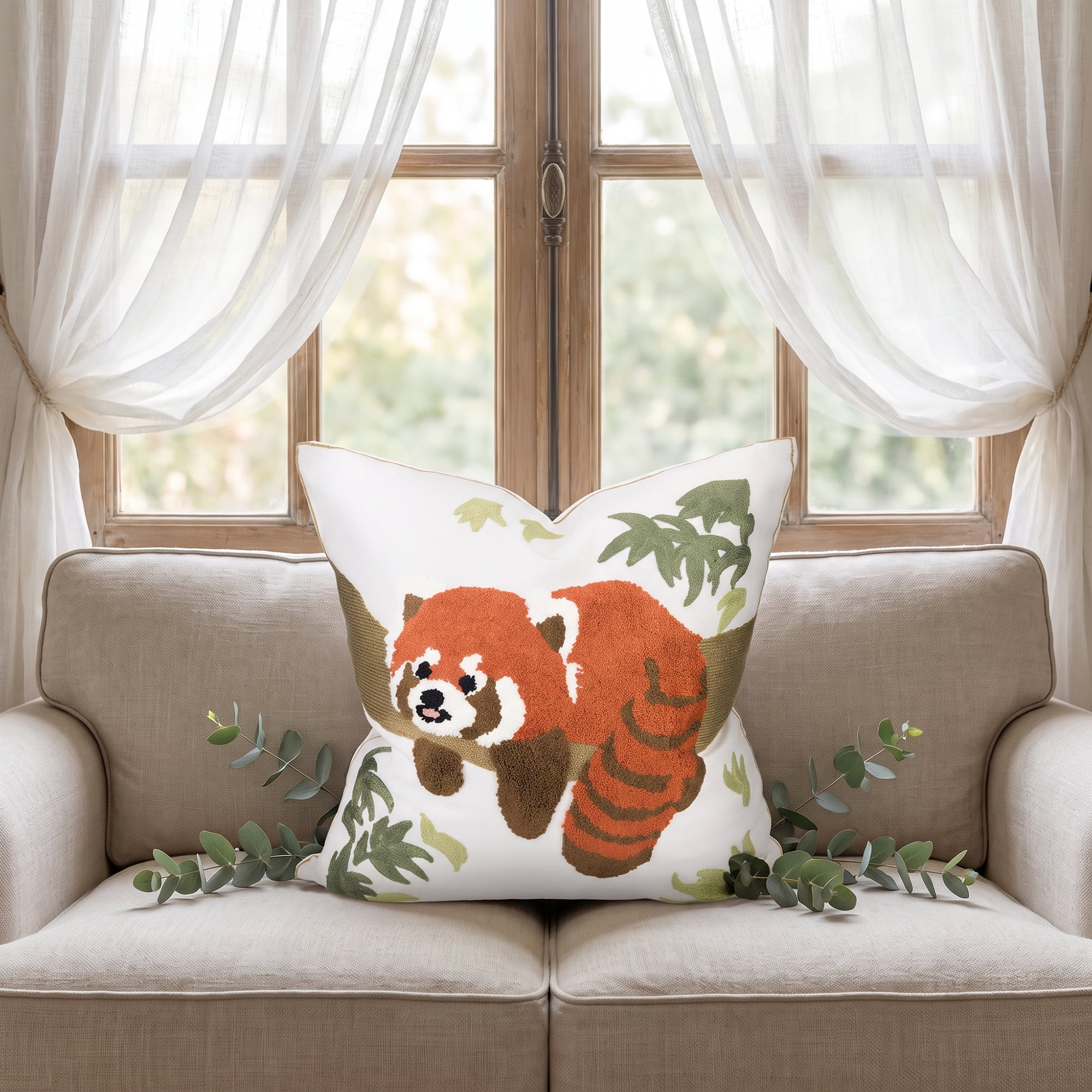 Unique Bargains Cotton 3D Embroidered Throw Pillow Cushion Cover Red Panda 18" x 18"