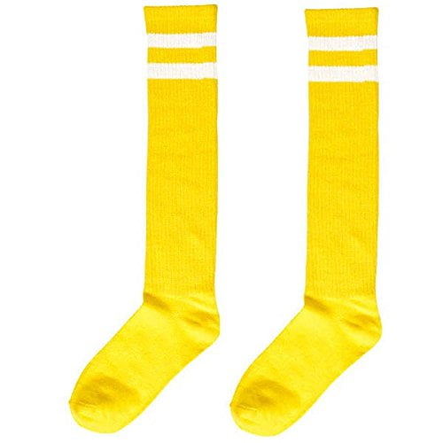 knee high white socks with yellow stripes
