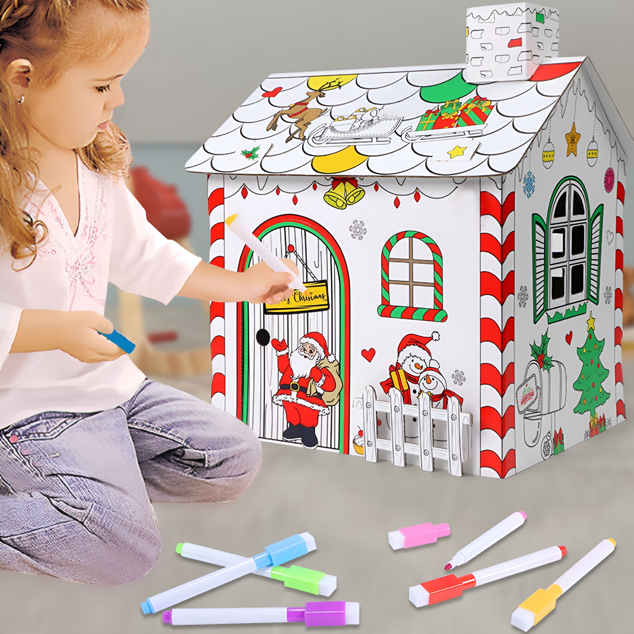 BESTSKY 2026 New Diy Christmas Playhouse Coloring Cardboard House 3D Foldable Graffiti Craft Fortress Kids Drawing Activity Kit Creative Holiday Art Toy Cardboard House to Color for Kids