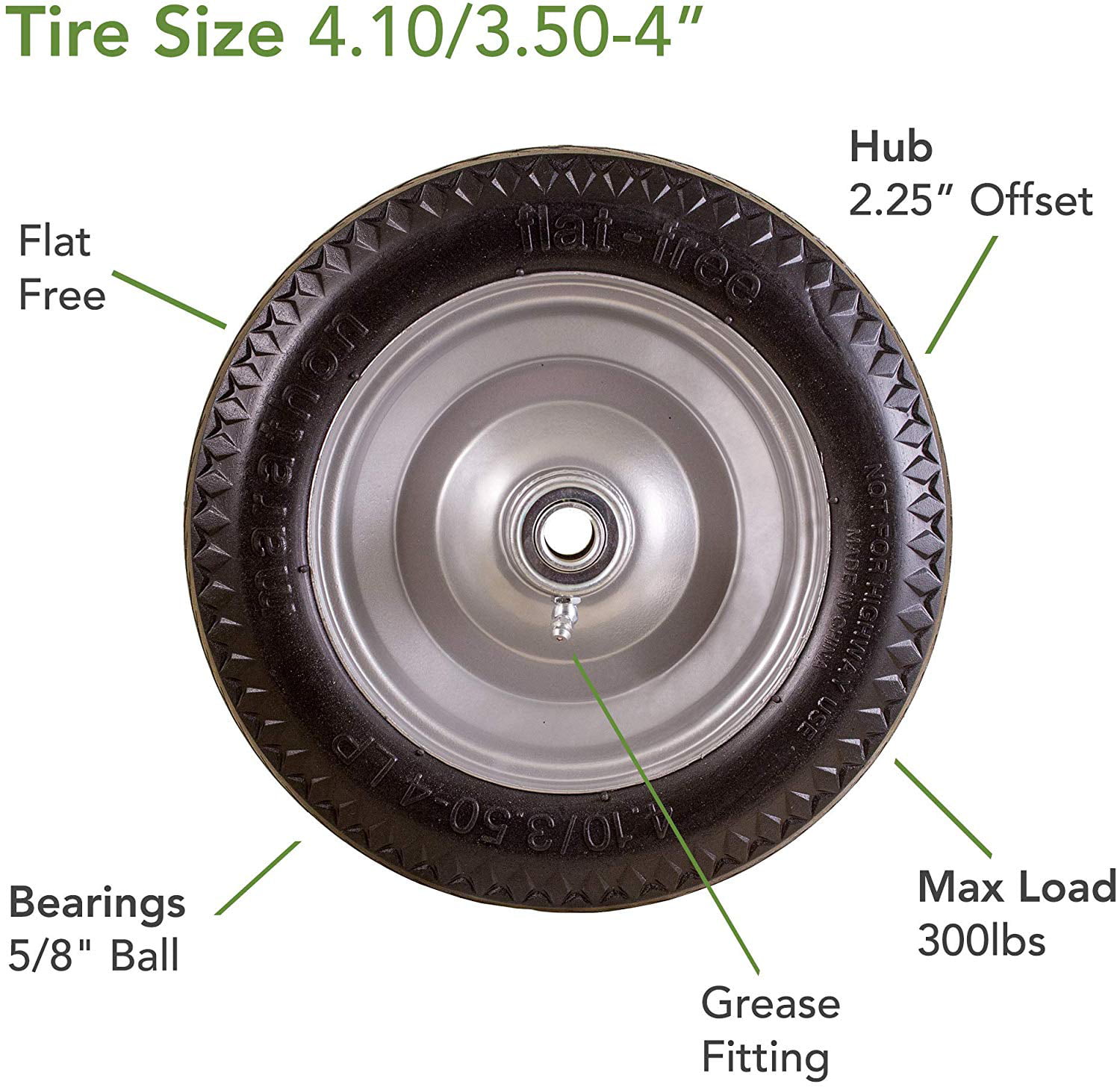 Marathon 4.10/3.50-4 Flat Free Hand Truck Tire on Wheel 5/8 Ball Bearings Sawtooth Tread 2.25 Offset Hub 