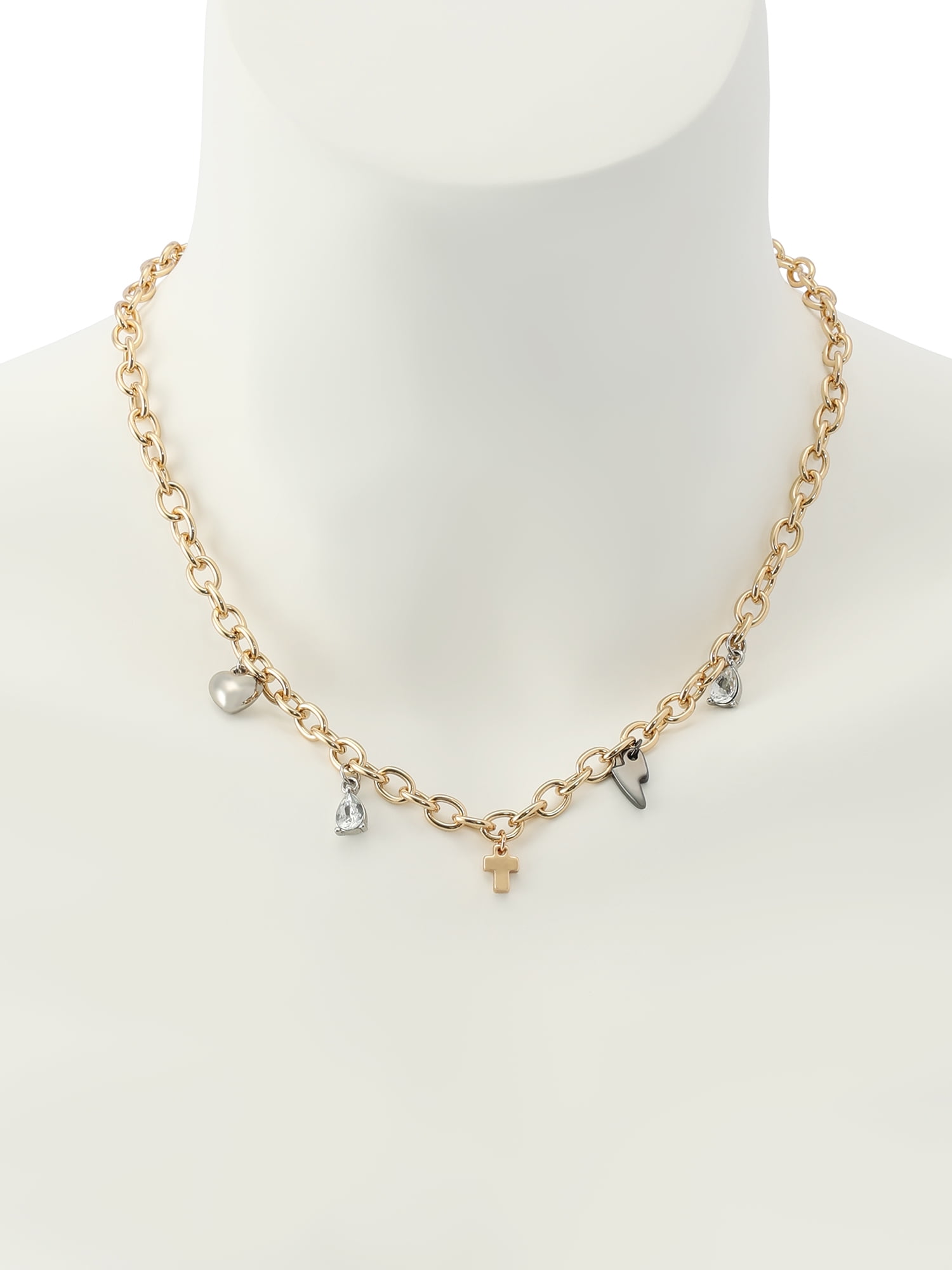 Madden NYC Women's Fashion Gold-Tone Cross Mixed Charm Bib Necklace