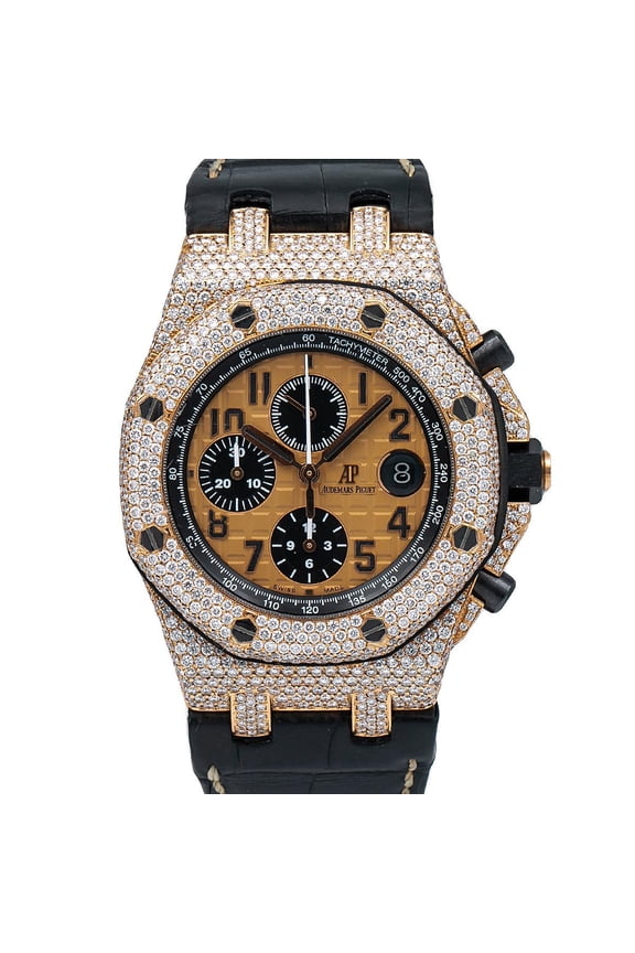 Pre-Owned Audemars Piguet Royal Oak Offshore Chronograph 44MM 26470OR Champagne Arabic Dial Diamond Paved Bezel Black Alligator Leather Strap 8.75ct