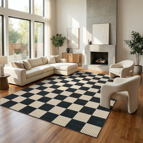 Garvee 8'x10' Checkered Area Rug Soft Plaid Carpet, Washable Non Slip Indoor Floor Mats for Living Room Bedroom Home Office, Black Coffee