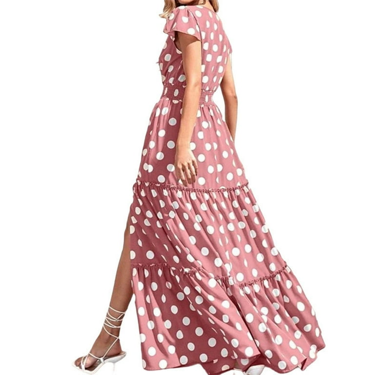 Summer Saving Wycnly Summer Dresses for Women Party Fashion Elastic Waist  Ruffle Swing Slit A Line Long Dresses 2024 Short Sleeve V-Neck Polka Dot  Print Maxi Formal Dress Pink s - Walmart.com