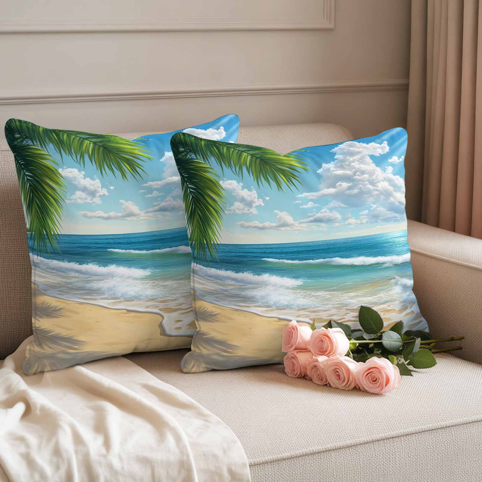 Waterproof Throw Pillow Covers 16x16 Set of 2, Summer Beach Blue Seawater Outdoor Pillowcases with Invisible Zipper, Tropical Plant Palm Tree Decorative Cushion Covers for Patio Garden Sofa Couch