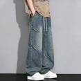 thumbnail image 3 of YLSDY Men's Vintage Washed Wide Leg Jeans, Stitched Details & Elastic Waist Drawstring, Retro Denim Trousers for Men Blue XL, 3 of 8