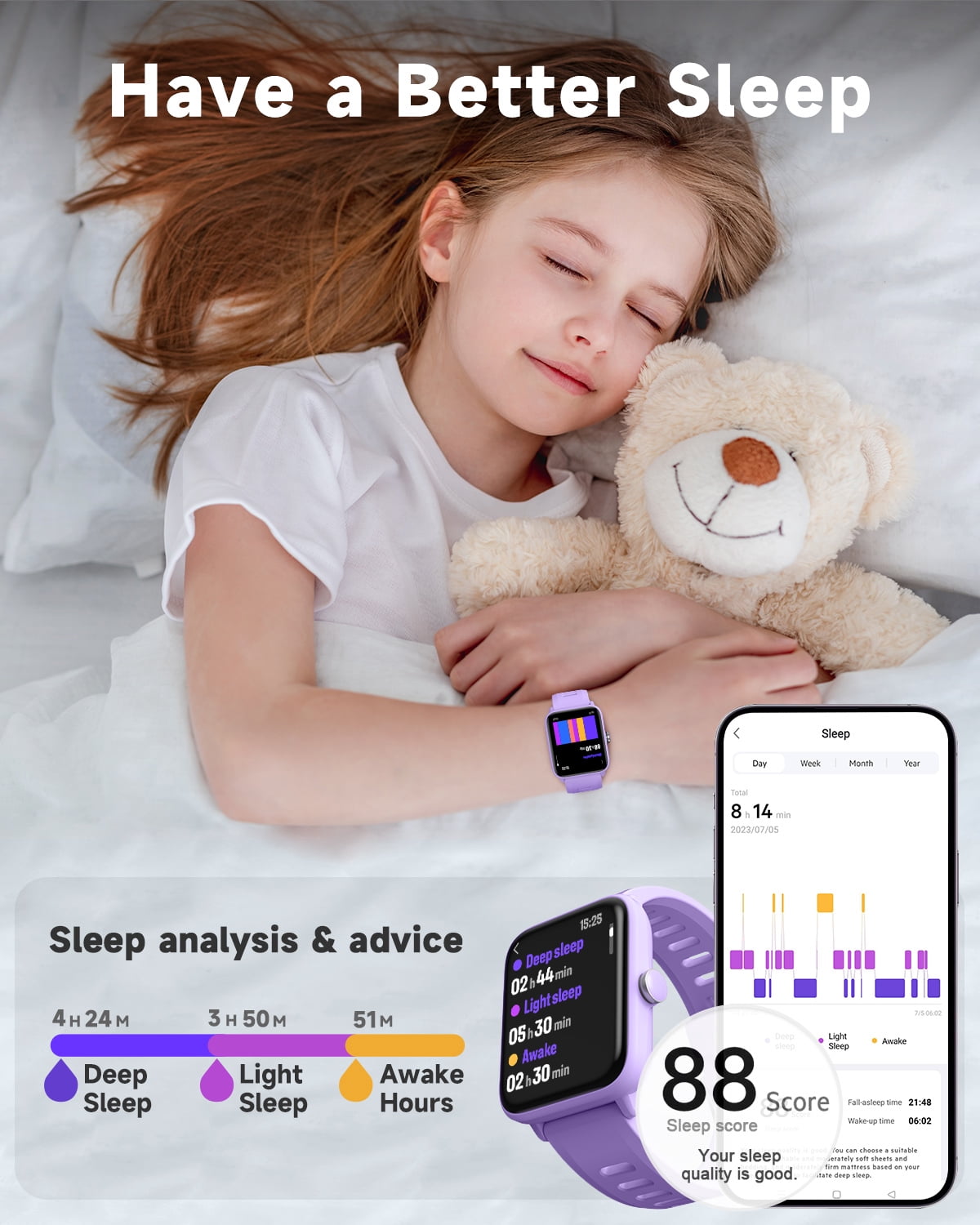 BIGGERFIVE Kids Smart Watch, 1.5''HD Touchscreen Fitness Tracker for Girls Boys, 5ATM Waterproof, Lilac