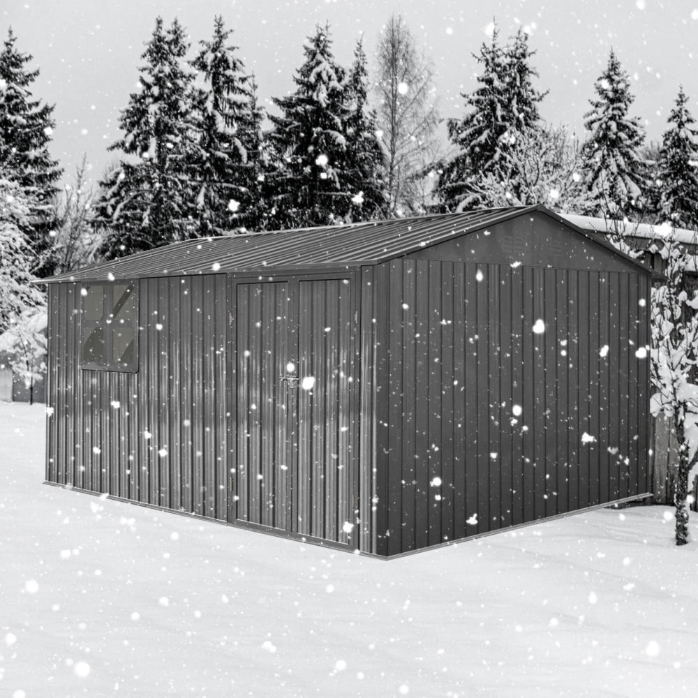 12ft x 10ft Metal Outdoor Storage Garden Tool Shed Workshop with Foldable Worktable, Shelves, Window, Hanging Lamp Hook & Apex Roof for Backyard Garden Patio, Grey