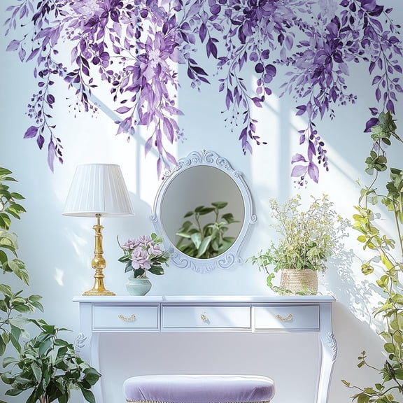 Purple Plants Leaves Wall Decals Peel and Stick, Large Floral Flowers Wall Stickers, Removable Vine Home Decor Art for Bedroom Living Room Classroom Office