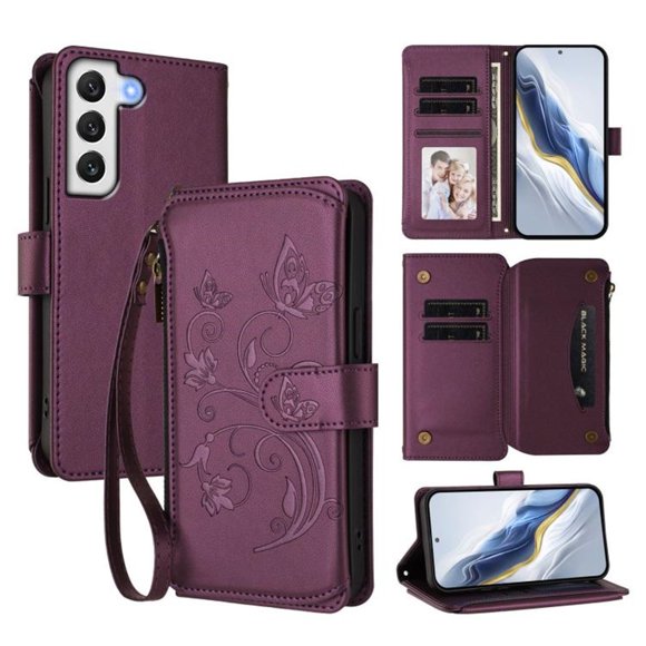 Étui Magnétique avec Fermoir Flip pour Samsung Galaxy S21+ 5G avec Lanière, Porte-Ventilateur, Portefeuille à Fermeture Éclair Multi-Cartes en Cuir, Violet Foncé, pour Galaxy S21+ 5G