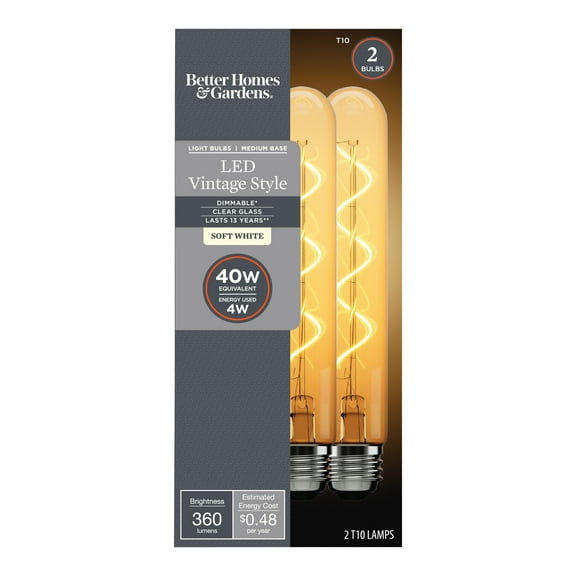 Better Homes & Gardens LED Vintage Light Bulb, T10, 40W Eqv, Soft White Spiral Filament, E26, Dim - 2 Pk