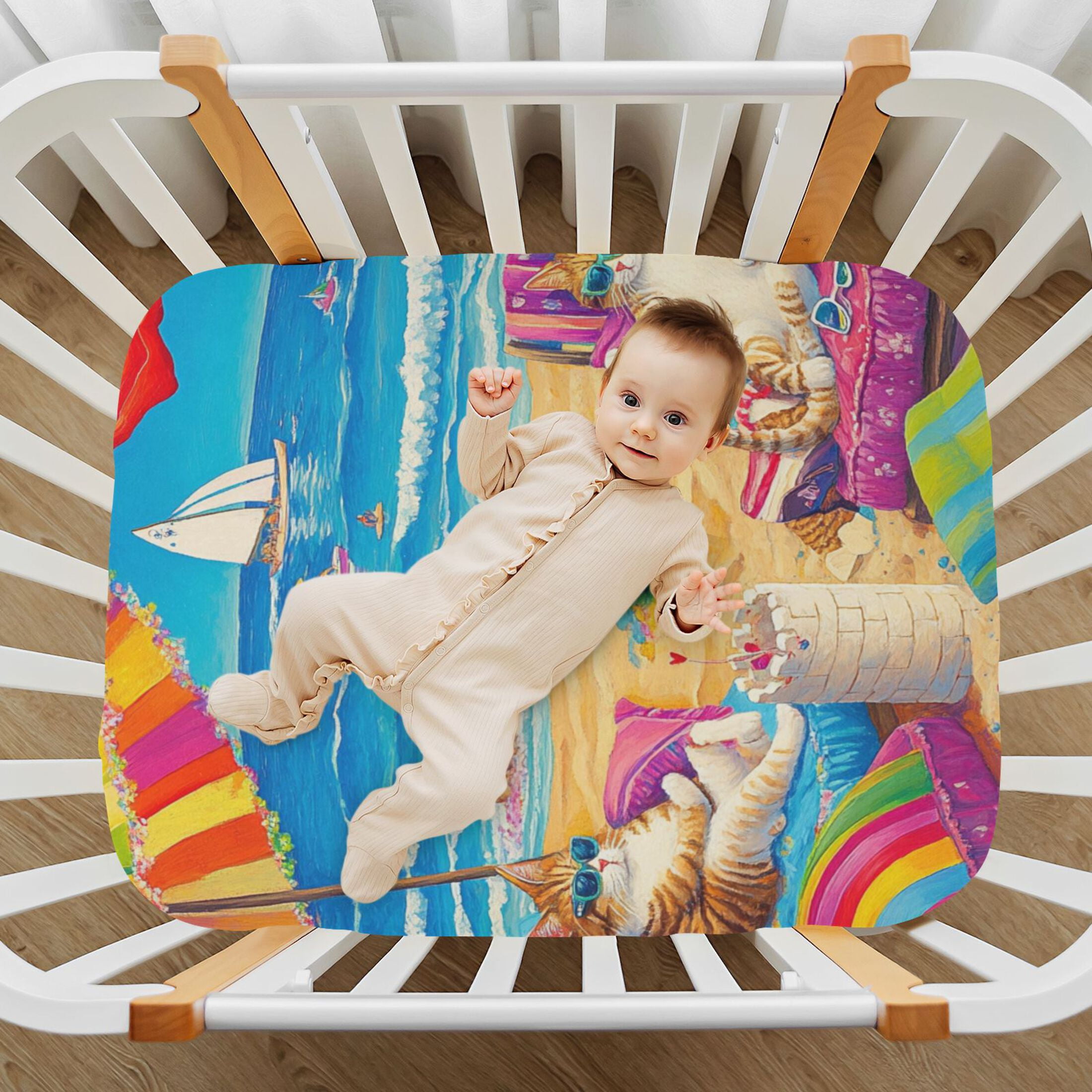 BZSMCE Ultra Soft Fitted Microfiber Crib Sheets for Newborn Baby Boys Girls Cats Enjoying on The Beach Design Cute Pattern