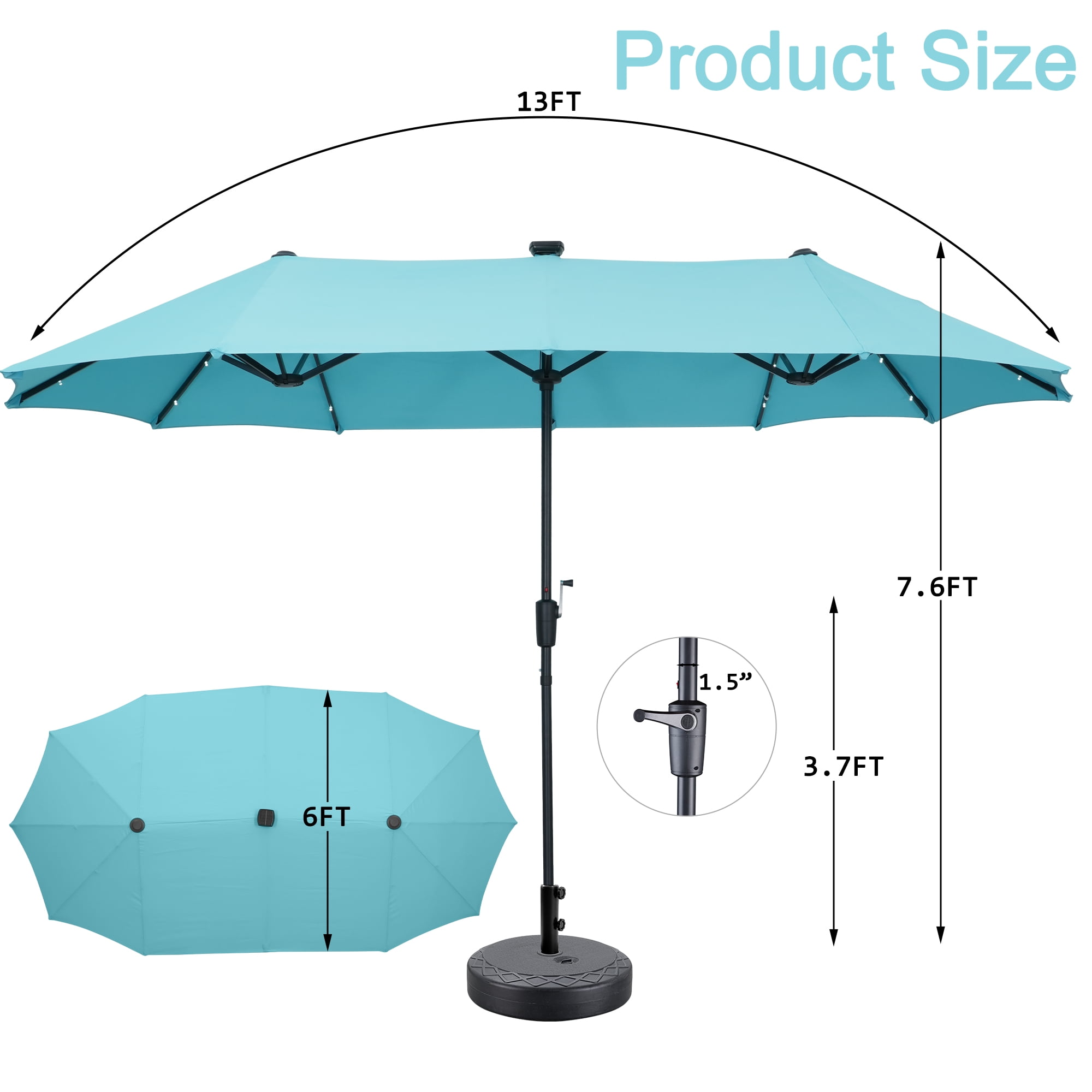 Autlaycil 13ft Rectangle Patio Umbrella with Base and 36 Solar Lights for Pool, Yard, Market - Blue