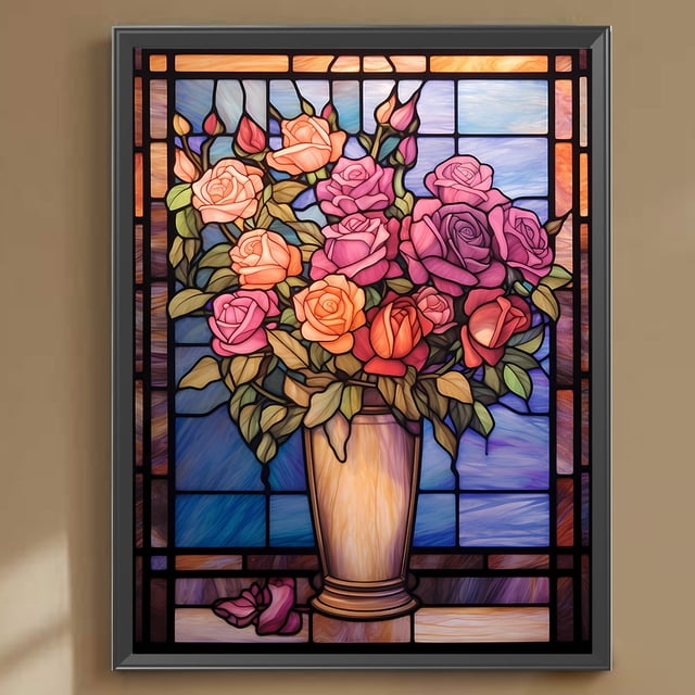 Cuadros Decorativos Pintura de diamante 5D DIY Kit de taladro redondo completo Florero de rosa de vidrieras (sz4381) Wdftyju embutido en tela