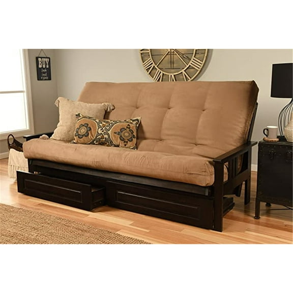 Kodiak Furniture Monterey Queen Futon Frame with Mattress-Color:Suede Peat,Size:Drawers included,Style:Espresso Finish