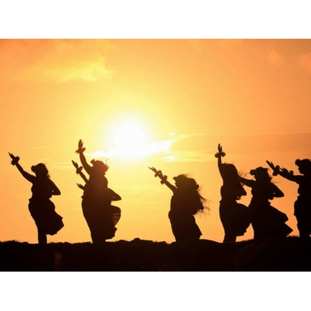 Hula Dancers - Silhouette of Hula Dancers at Sunrise, Molokai, Hawaii, USA Print Wall Art