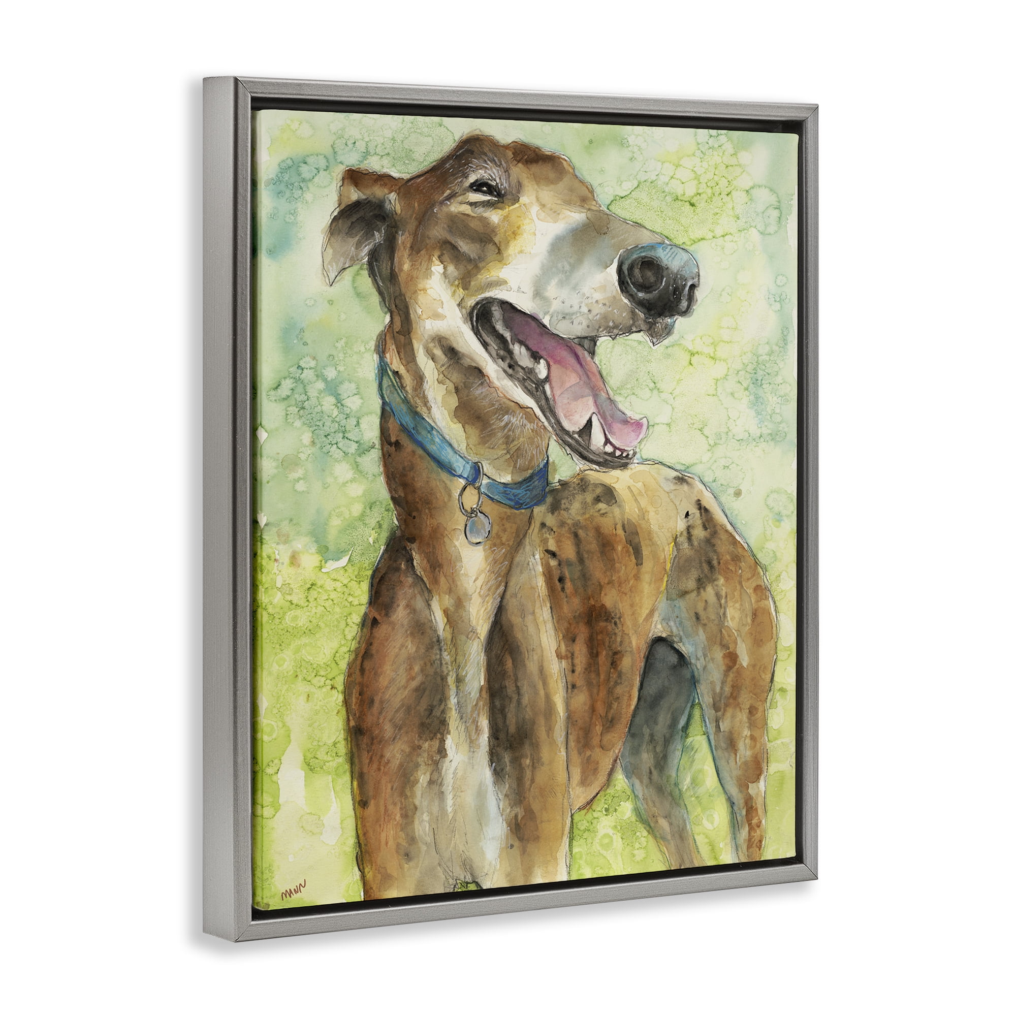 Stupell Industries Greyhound Smile Watercolor Gray Framed Floater Canvas Wall Art, design by Patti Mann