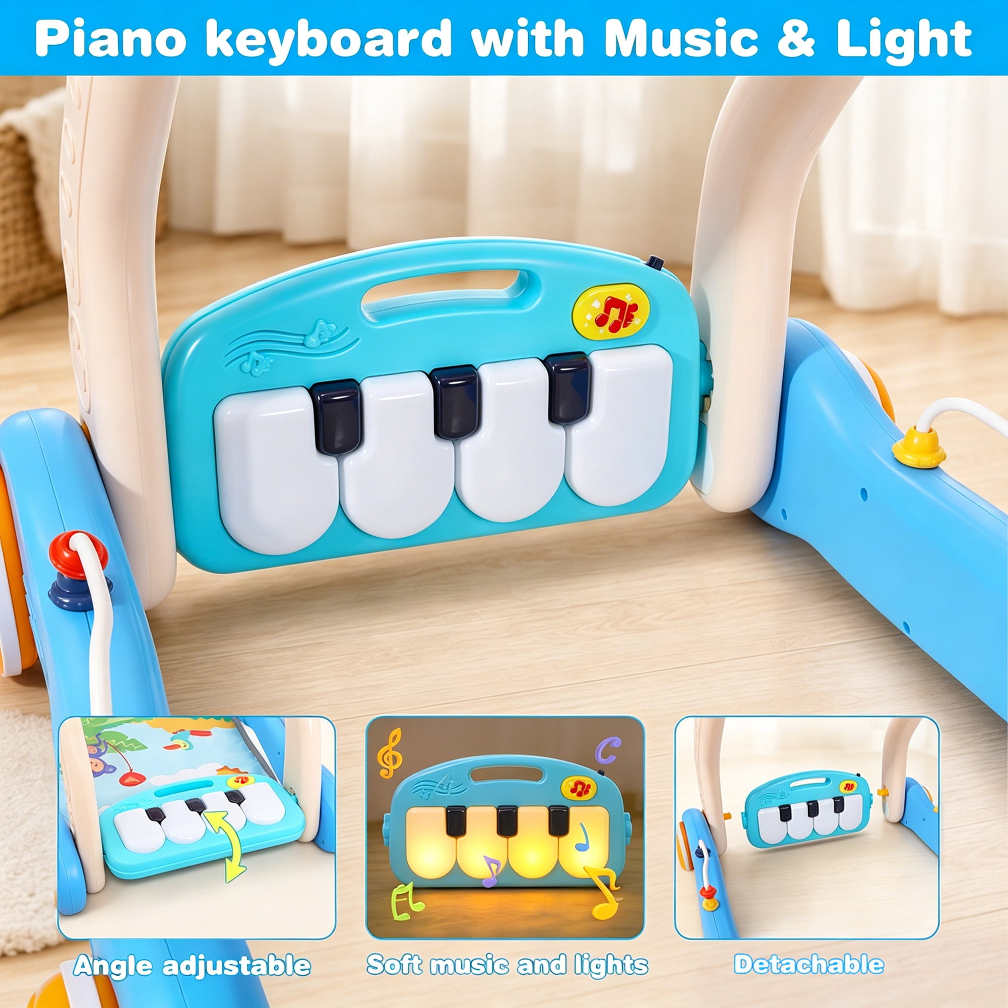 FVLOENG Baby Gym Playmat for Infant,Tummy Time Mat with 5 Infant Sensory Baby Toys & Musical Piano Activity for 0-36 Months Boys Girls
