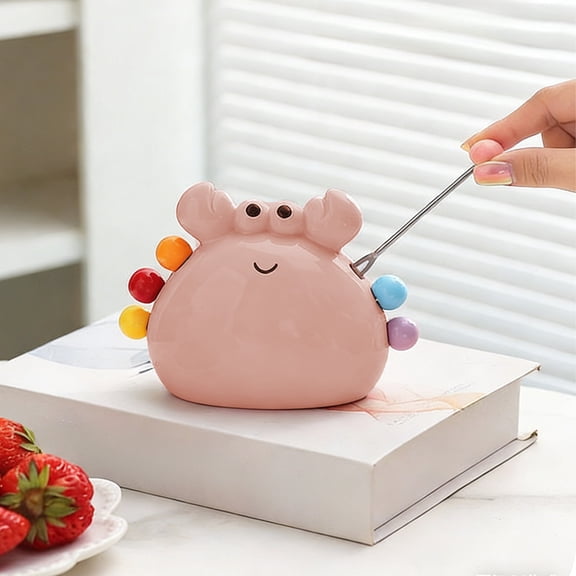 OEFNTAC 6PC Cute Crab Fruit Fork Set Stainless Steel Small Dessert Picks Ceramic Bracket Storage Jar 10.3x13.5cm Kid-Safe Party Snacks Appetizers Gift