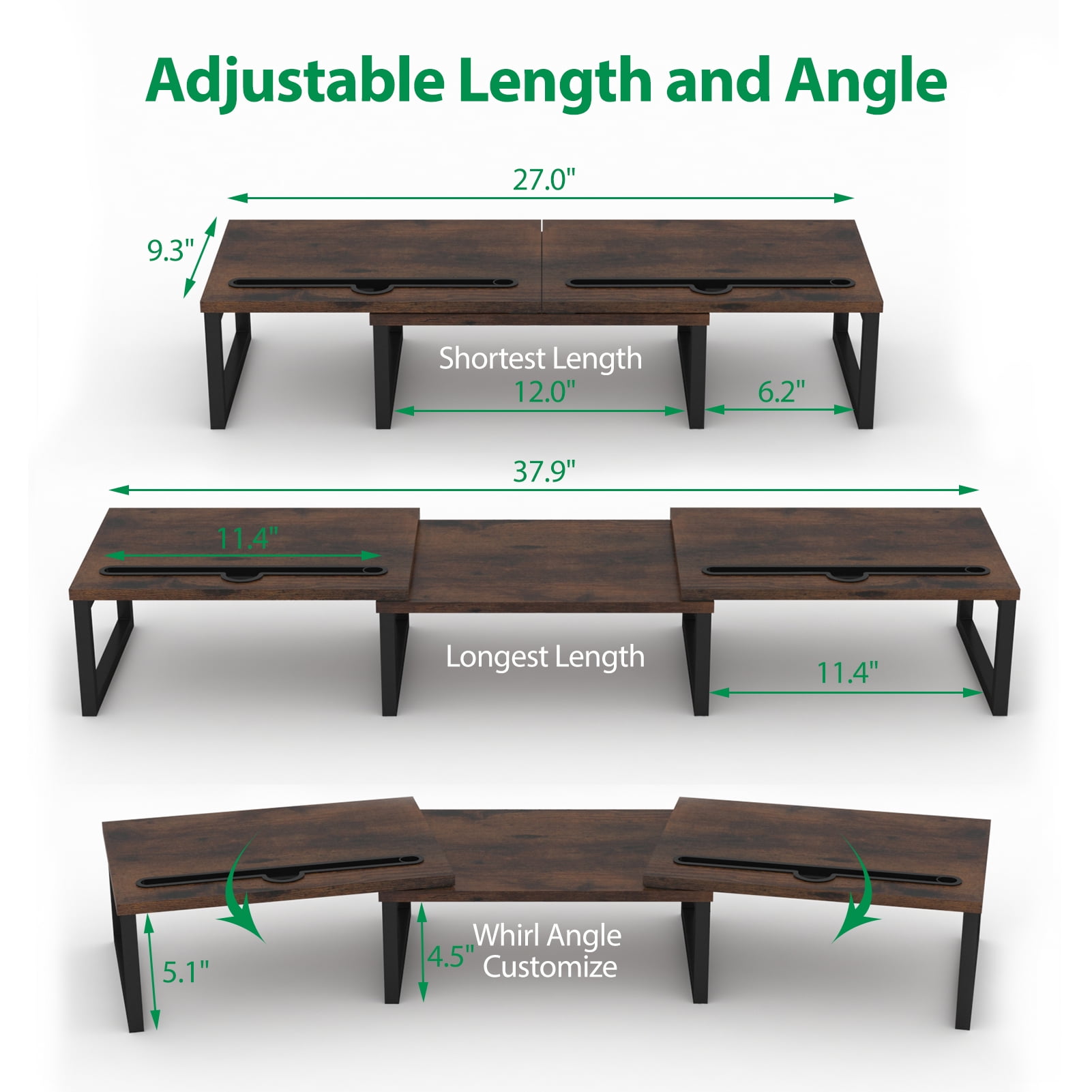 Dual Monitor Stand Riser with Pen Slot - Adjustable Length & Angle, Brown Desk Organizer for Computer Screens