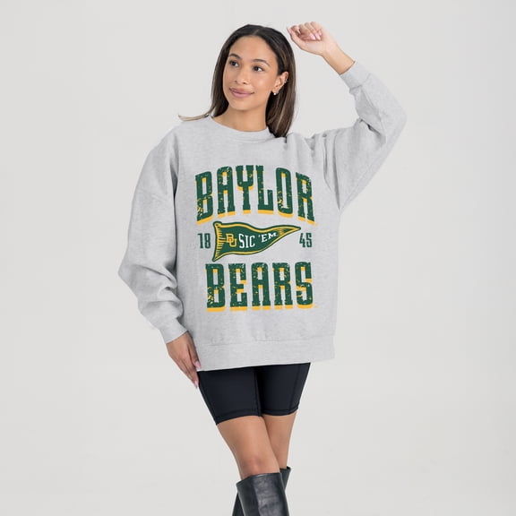 Women's Gameday Couture Ash Baylor Bears Oversized Pennant Pride Premium Fleece Sweatshirt
