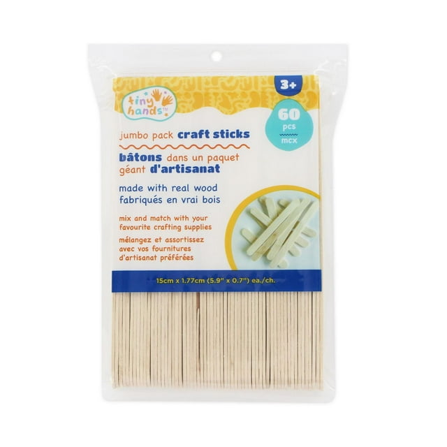 TINY HANDS Wooden Craft Sticks, Jumbo Pack, 60 pcs, 15cm x 1.78cm each, Age 3+, Kids