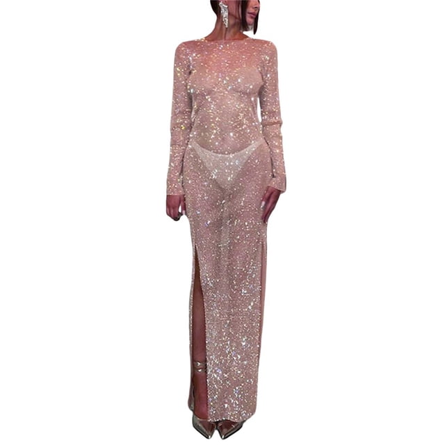 PENGXIANG Robe Longue à Paillettes Transparente Manches Longues Robe Moulante Maxi Robe en Maille Creuse pour Fête Club