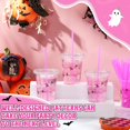 thumbnail image 4 of JJEAN-50 Pcs 12oz Halloween Plastic Cups with Straws and Lids, Disposable Clear Party Cups Pumpkin Ghost Witch Drinking Set for Halloween Birthday Party Favors Supplies (Pink,Novel Style), 4 of 4